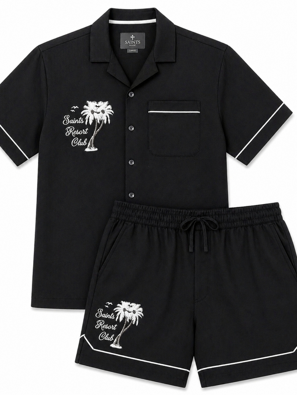 🆕SAINTS STUDIO Black Resort Club Set Men L Button Up Shirt & Short Matching Set
